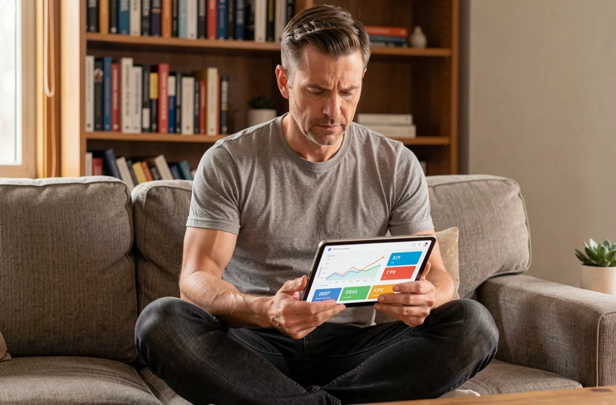 Homme consultant des statistiques de performance web sur une tablette dans un espace de travail à domicile