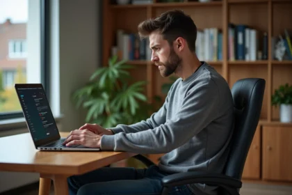 Jeune homme en bureau moderne en train de résoudre un problème informatique
