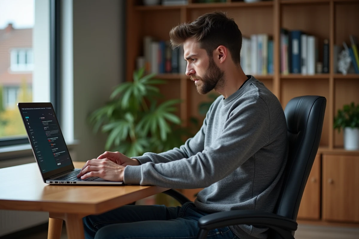 Jeune homme en bureau moderne en train de résoudre un problème informatique