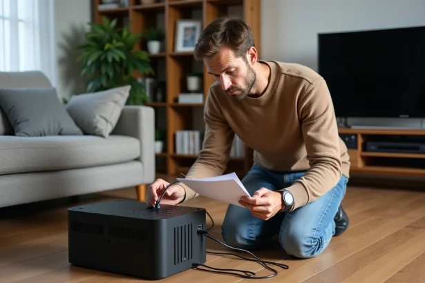 Homme vérifiant un serveur internet dans un salon moderne