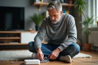 Homme vérifiant les câbles internet dans un salon moderne