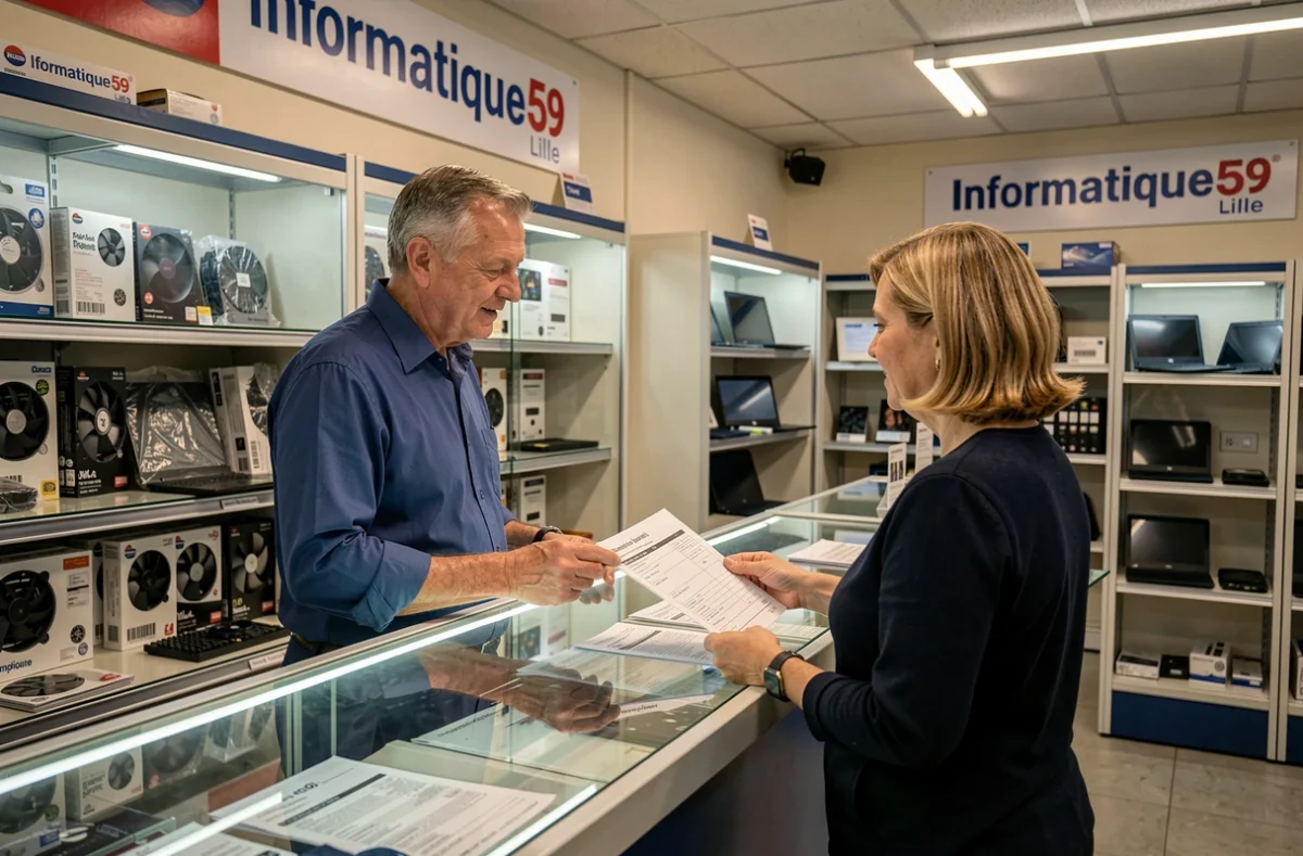 Technicien d'Informatique59 Lille expliquant une facture de réparation à une cliente au comptoir