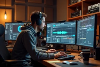 Ingénieur audio concentré sur des plugins audio dans un studio home recording professionnel avec écrans multiples et interfaces complexes