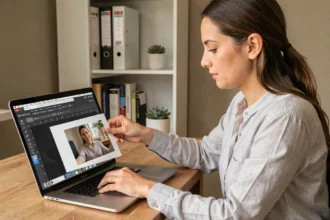Femme insérant une photo dans un document PDF sur un logiciel d'édition affiché sur un ordinateur portable