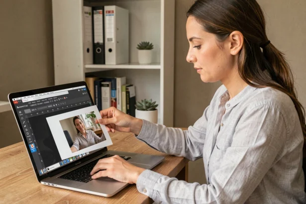 Femme insérant une photo dans un document PDF sur un logiciel d'édition affiché sur un ordinateur portable