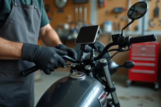 Mécanicien installant un support RAM Mount sur un guidon de moto dans un atelier garage, erreurs de montage à éviter