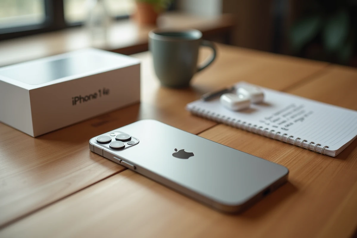 iPhone 14 Pro Silver posé sur une table avec sa boîte d'origine et une liste de critères d'achat manuscrite