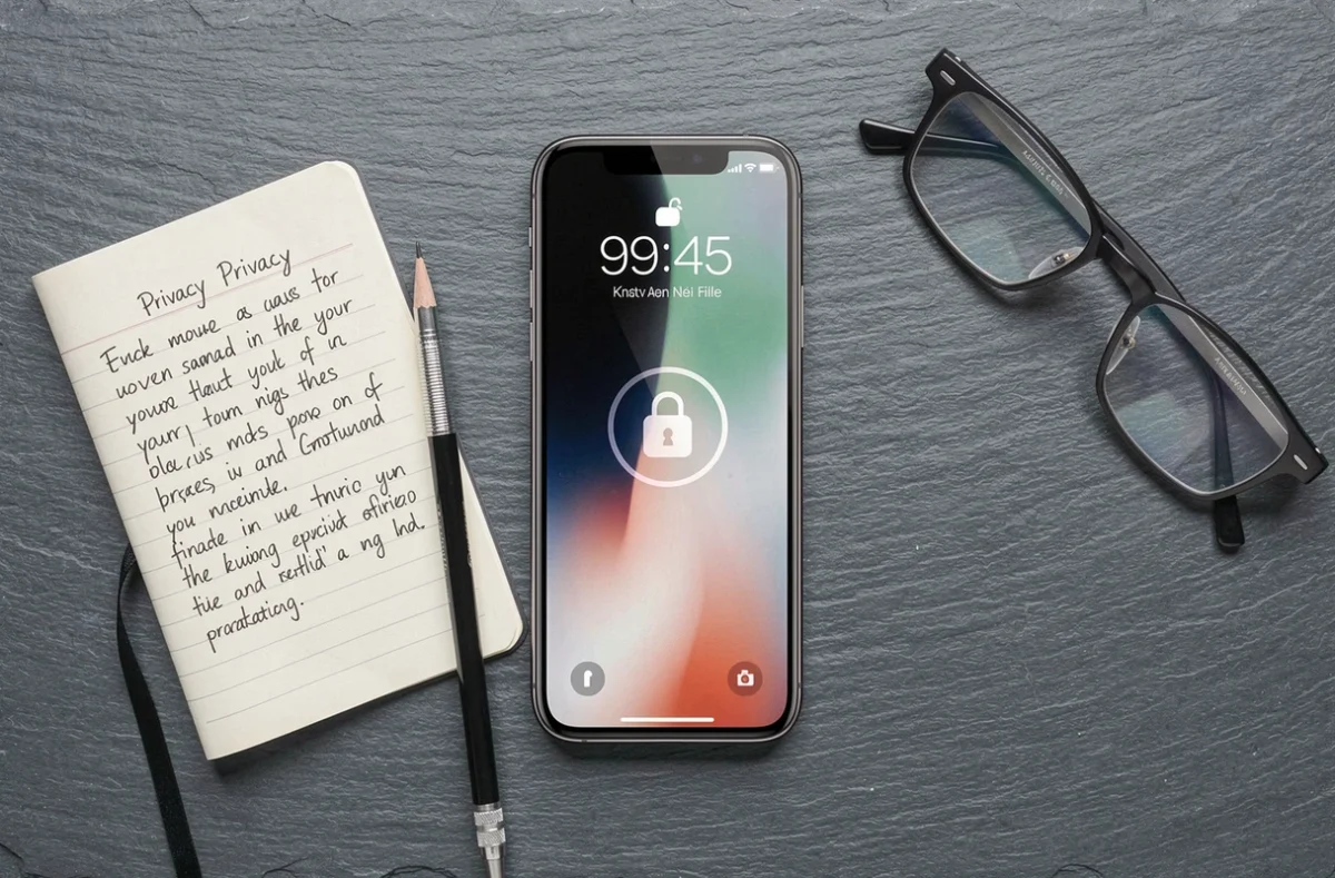Flat-lay éditorial d'un iPhone avec écran de verrouillage sécurisé, carnet de notes et accessoires sur un bureau ardoise, concept de sécurité mobile