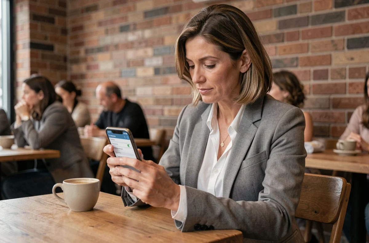 Femme consultant les paramètres de confidentialité sur un iPhone dans un café urbain, illustrant la gestion de la vie privée sur mobile