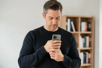 Homme tenant un iPhone contre sa poitrine dans un bureau moderne, symbolisant la sécurité numérique et la protection de la vie privée