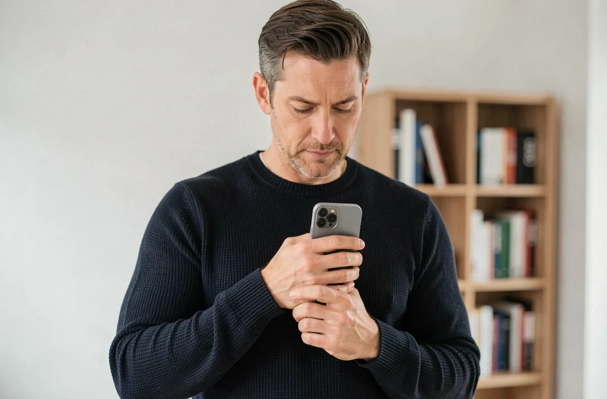 Homme tenant un iPhone contre sa poitrine dans un bureau moderne, symbolisant la sécurité numérique et la protection de la vie privée
