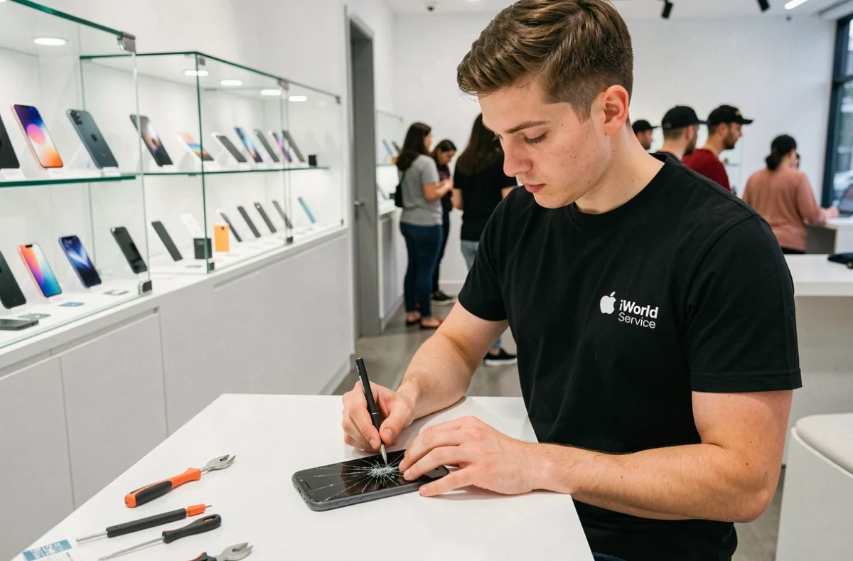 Technicien iWorldService remplaçant l'écran d'un smartphone dans une boutique de réparation moderne