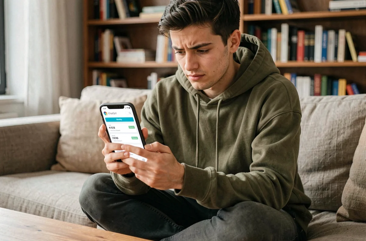 Jeune adulte consultant les offres et le prix mensuel de ChatGPT 5 sur son smartphone depuis son salon