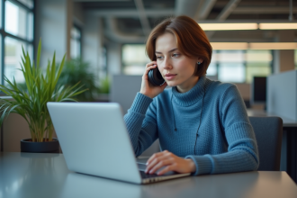 Jeune femme concentrée utilisant un lecteur d'écran au bureau