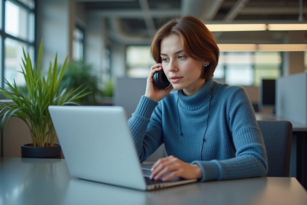 Jeune femme concentrée utilisant un lecteur d'écran au bureau