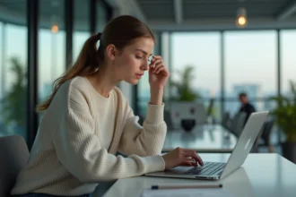 Jeune femme concentrée au bureau avec ordinateur portable