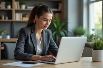 Jeune femme professionnelle travaillant sur Facebook au bureau