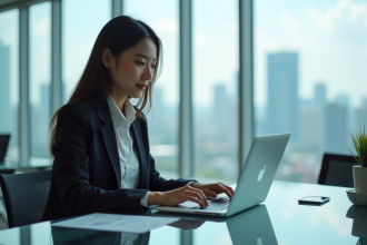 Jeune femme asiatique travaillant sur un ordinateur dans un bureau moderne