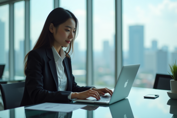 Jeune femme asiatique travaillant sur un ordinateur dans un bureau moderne