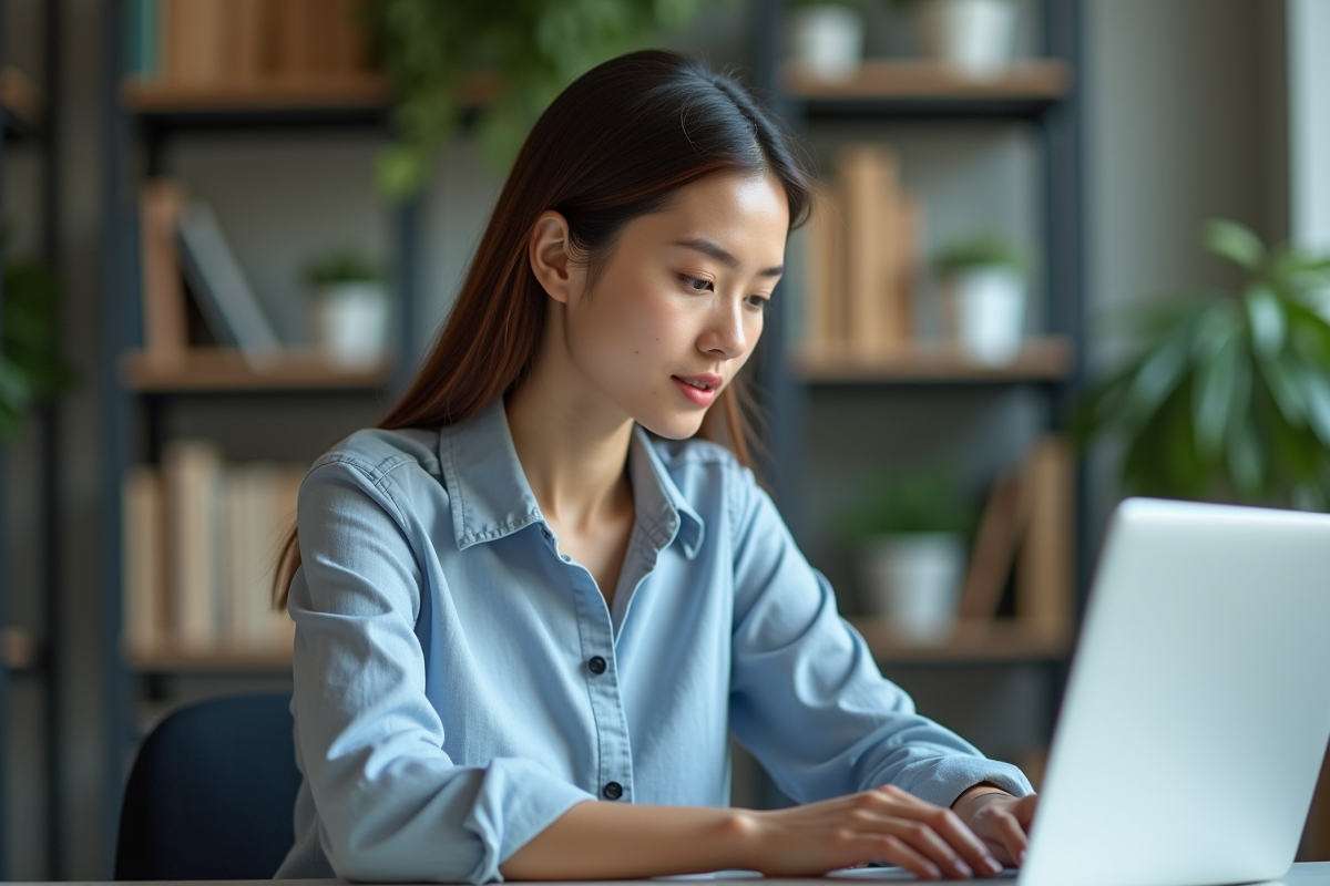 Jeune femme concentrée travaillant sur son ordinateur au bureau