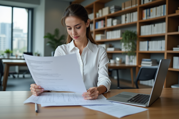 Jeune femme en bureau examinant un schema de base de donnees