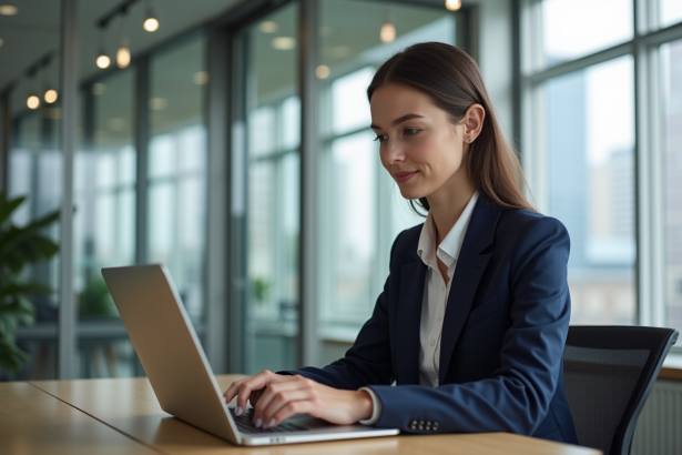 Jeune femme en blazer code sur un ordinateur moderne
