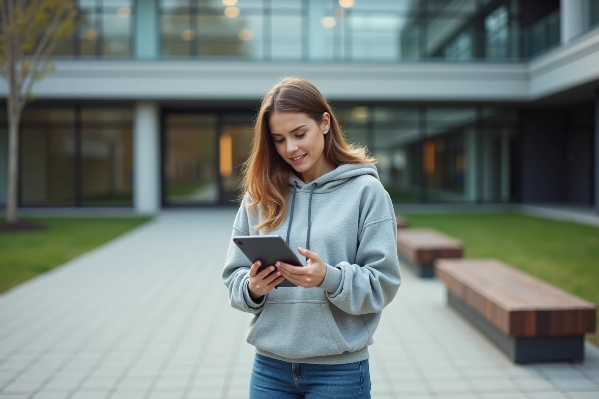 Jeune femme avec tablette devant un bâtiment universitaire