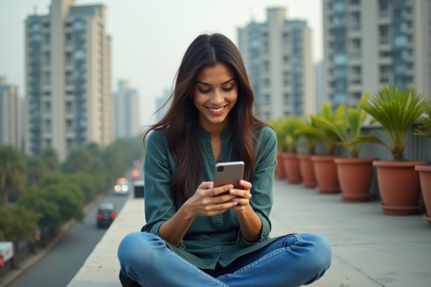 Jeune femme indienne souriante avec smartphone sur toit