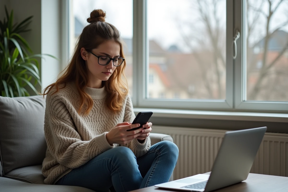 Jeune femme avec smartphone fâchée face à un message de blocage