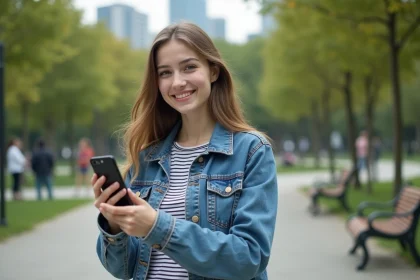 Jeune femme souriante avec smartphone dans un parc urbain