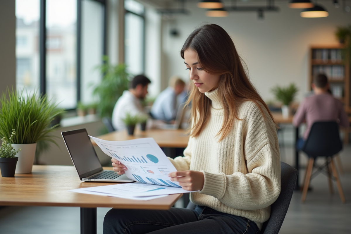 Jeune femme examinant des rapports imprimés dans un espace de coworking