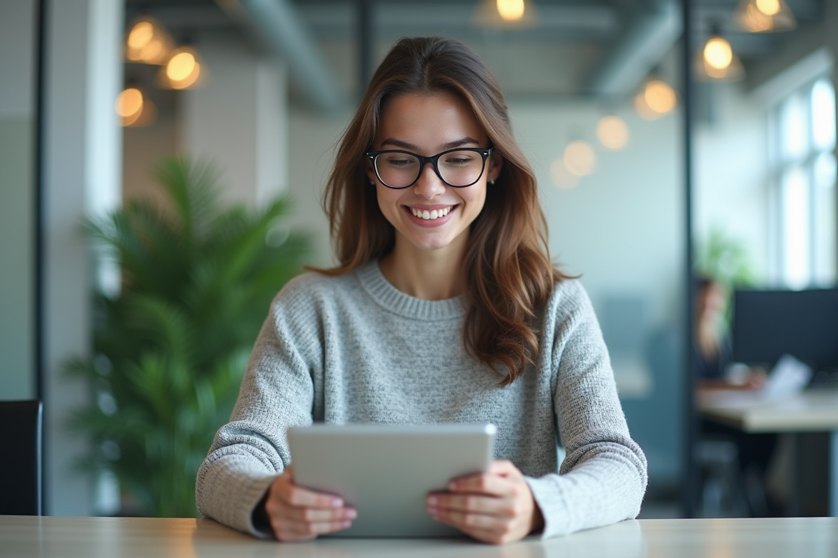 Jeune femme souriante vérifiant ses paramètres antivirus sur une tablette
