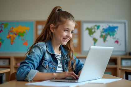 Jeune fille en jean et t-shirt rayé à son bureau en classe