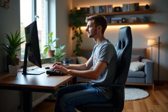 Jeune homme concentré jouant sur un PC gaming dans sa chambre moderne