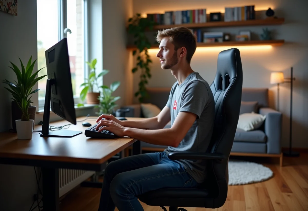 Jeune homme concentré jouant sur un PC gaming dans sa chambre moderne