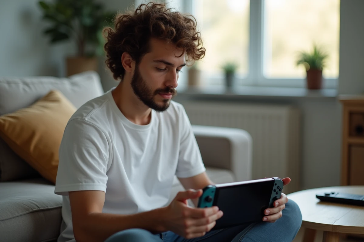 Jeune homme appuyant sur le bouton d'alimentation d'une Nintendo Switch dont l'écran reste éteint
