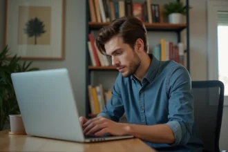 Jeune homme en bureau moderne utilisant un ordinateur portable