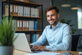 Jeune homme professionnel travaillant sur un ordinateur en bureau
