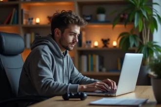 Jeune homme en hoodie travaillant sur son ordinateur dans un bureau cosy