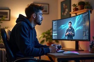 Jeune homme jouant à un jeu vidéo dans un bureau à domicile