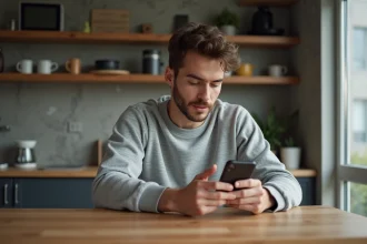 Jeune homme lisant Apple news sur smartphone dans un intérieur moderne