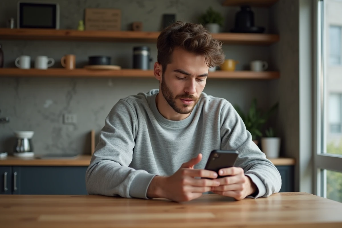 Jeune homme lisant Apple news sur smartphone dans un intérieur moderne