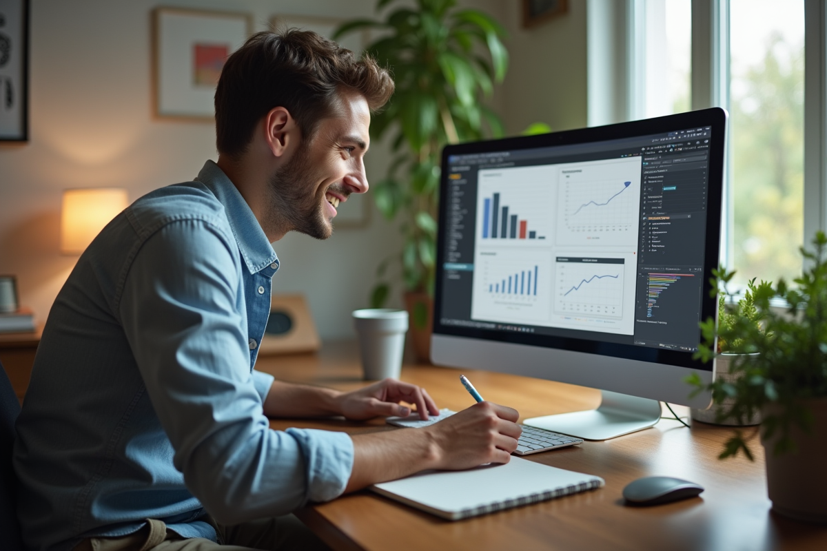 Jeune homme travaillant sur ordinateur et notes