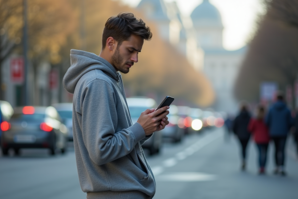 Jeune homme regardant son iPhone 11 dans la rue urbaine