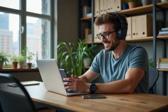 Jeune homme concentré sur son ordinateur portable dans un intérieur moderne