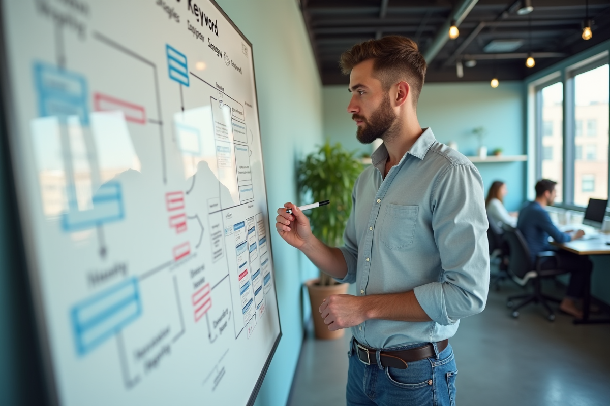 Jeune homme expliquant stratégie SEO devant whiteboard