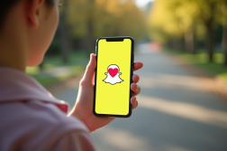 Main tenant un smartphone avec chat Snapchat et emoji cœur rouge