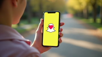 Main tenant un smartphone avec chat Snapchat et emoji cœur rouge