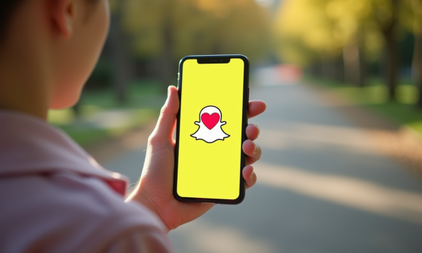 Main tenant un smartphone avec chat Snapchat et emoji cœur rouge