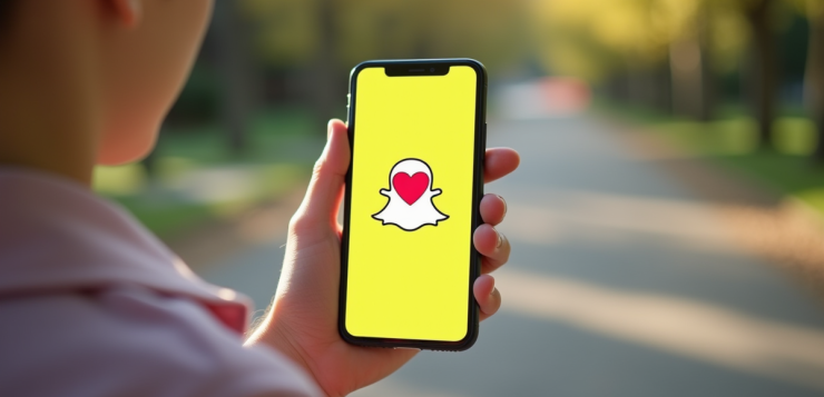 Main tenant un smartphone avec chat Snapchat et emoji cœur rouge